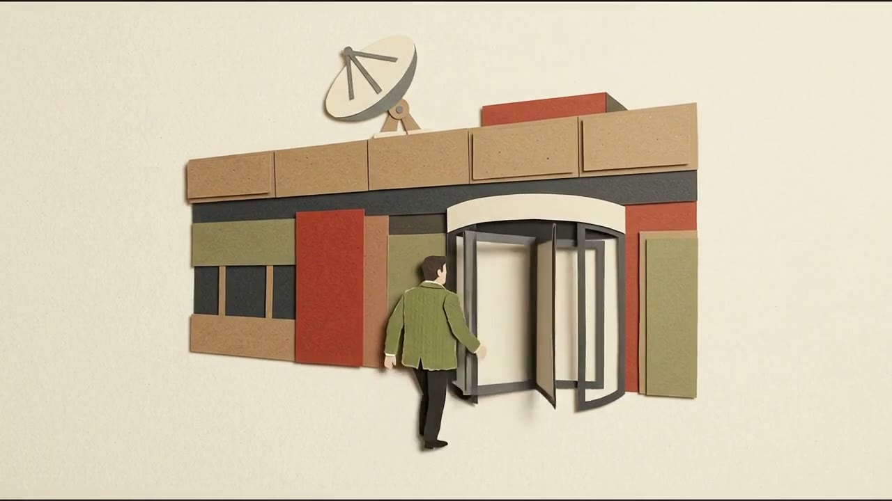 A paper-cut figure walks towards the revolving door of a television building