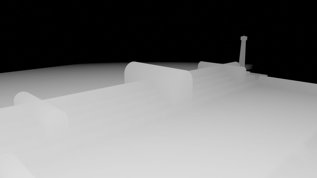 Depth map of the same view, near surfaces bright and far surfaces dark