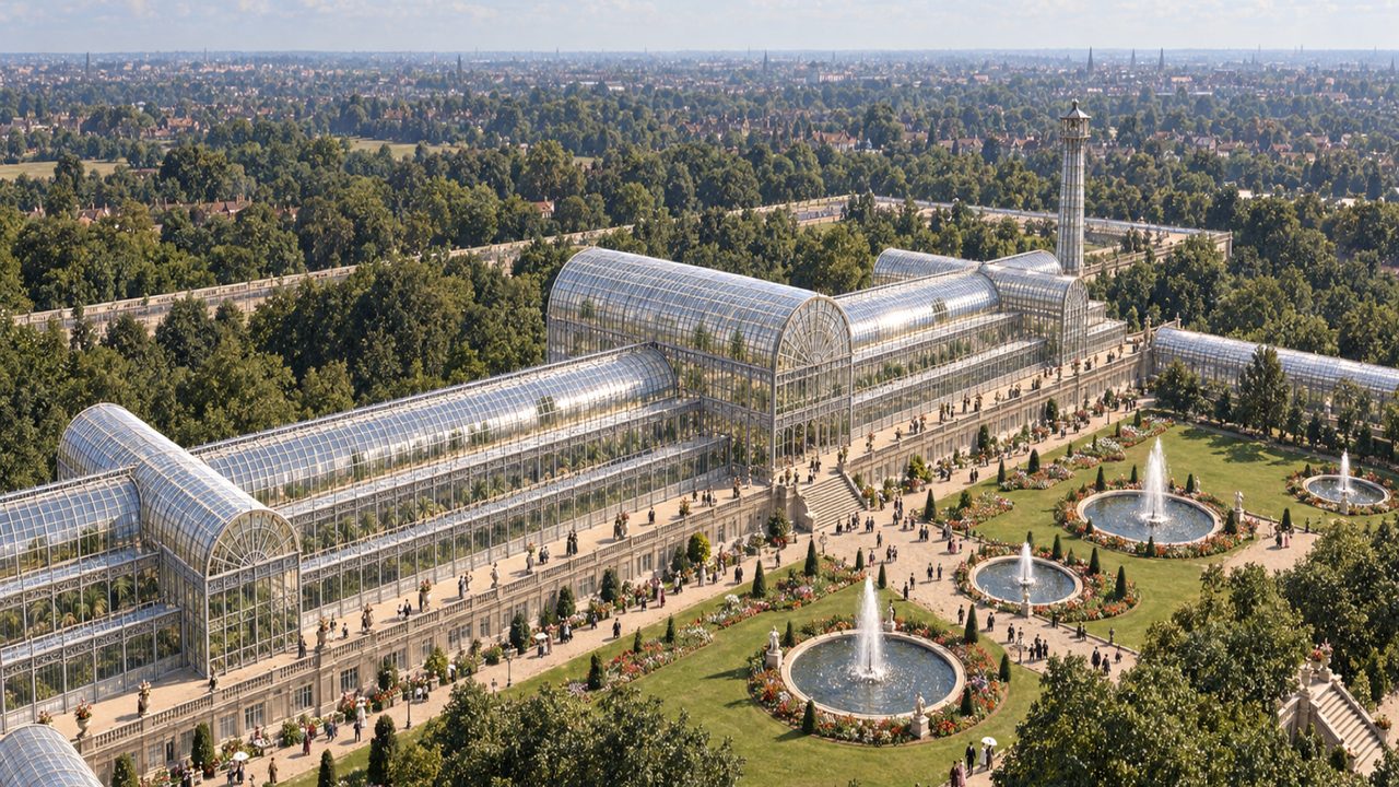 The finished frame: the glass palace above its gardens and fountains