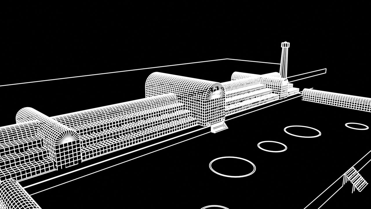 White line drawing of the same view on black