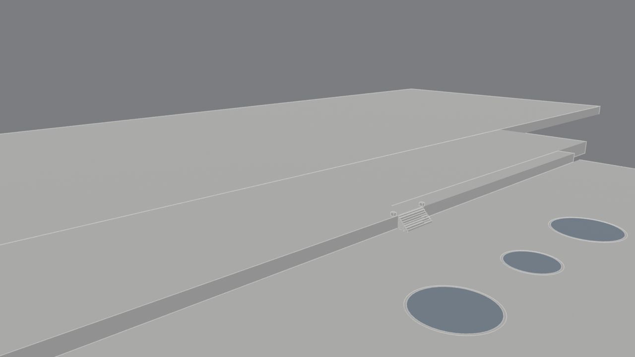 The model at stage one: the hilltop terraces and fountain basins, with no building