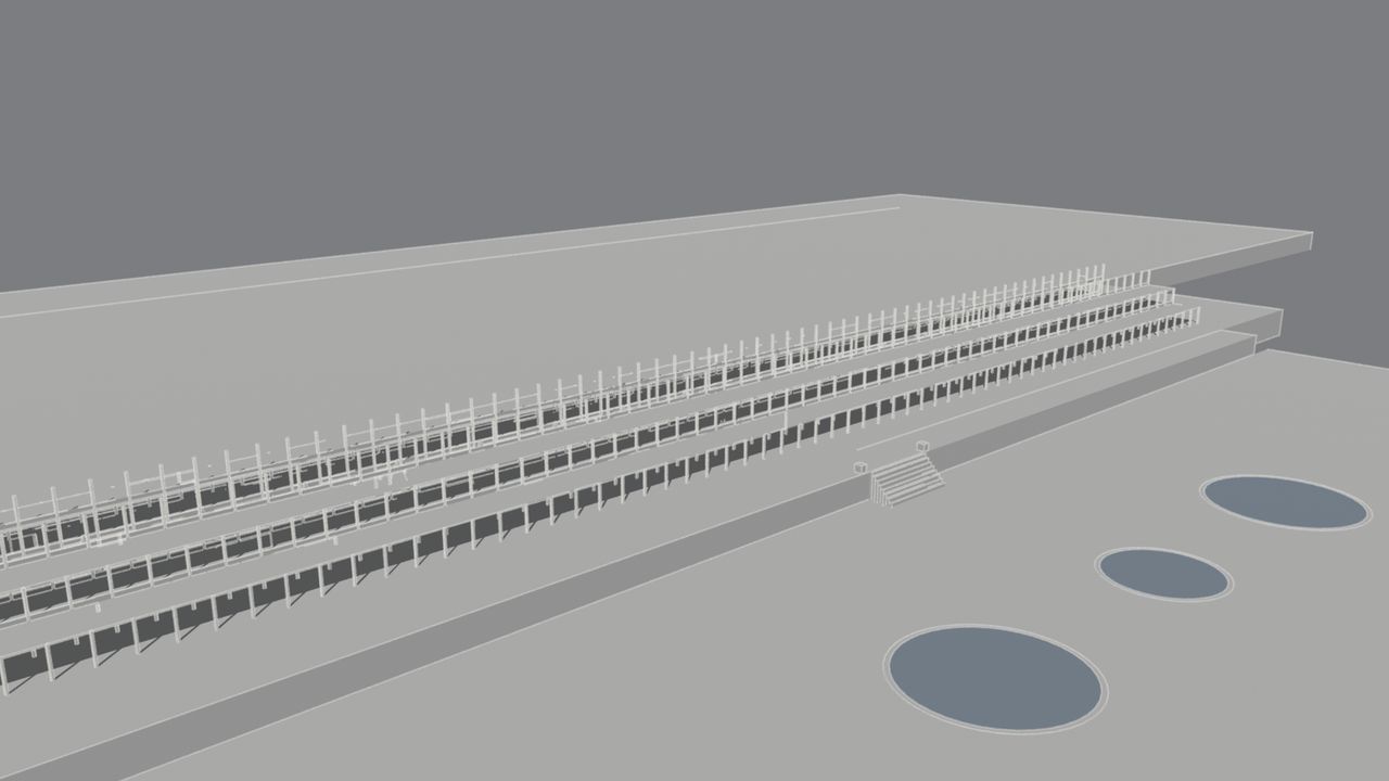 Stage two: rows of iron columns stand along the terrace