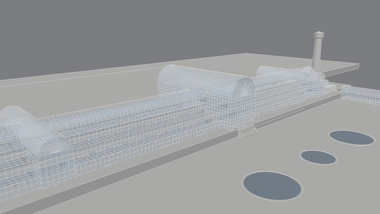 Stage four: the two water towers are added at either end