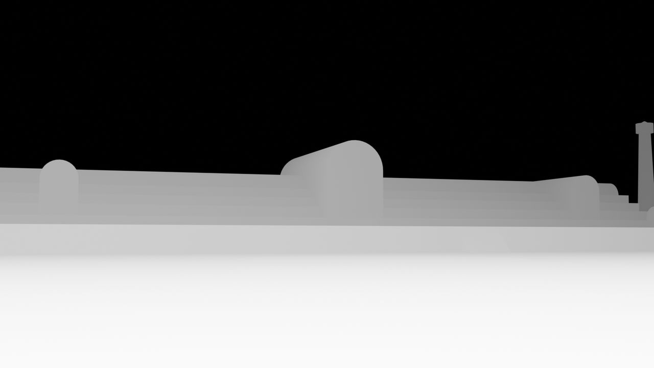 Depth map of the same view, near surfaces bright and far surfaces dark