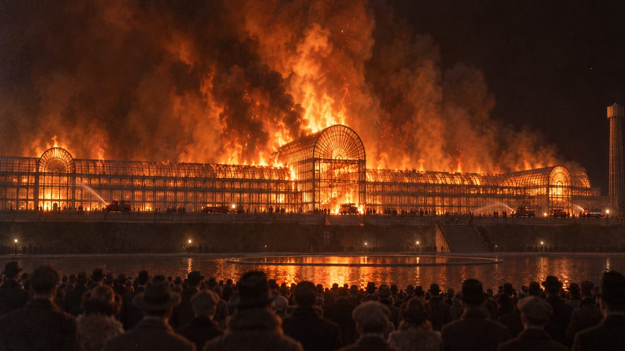 The finished frame: the palace on fire at night, watched by a crowd