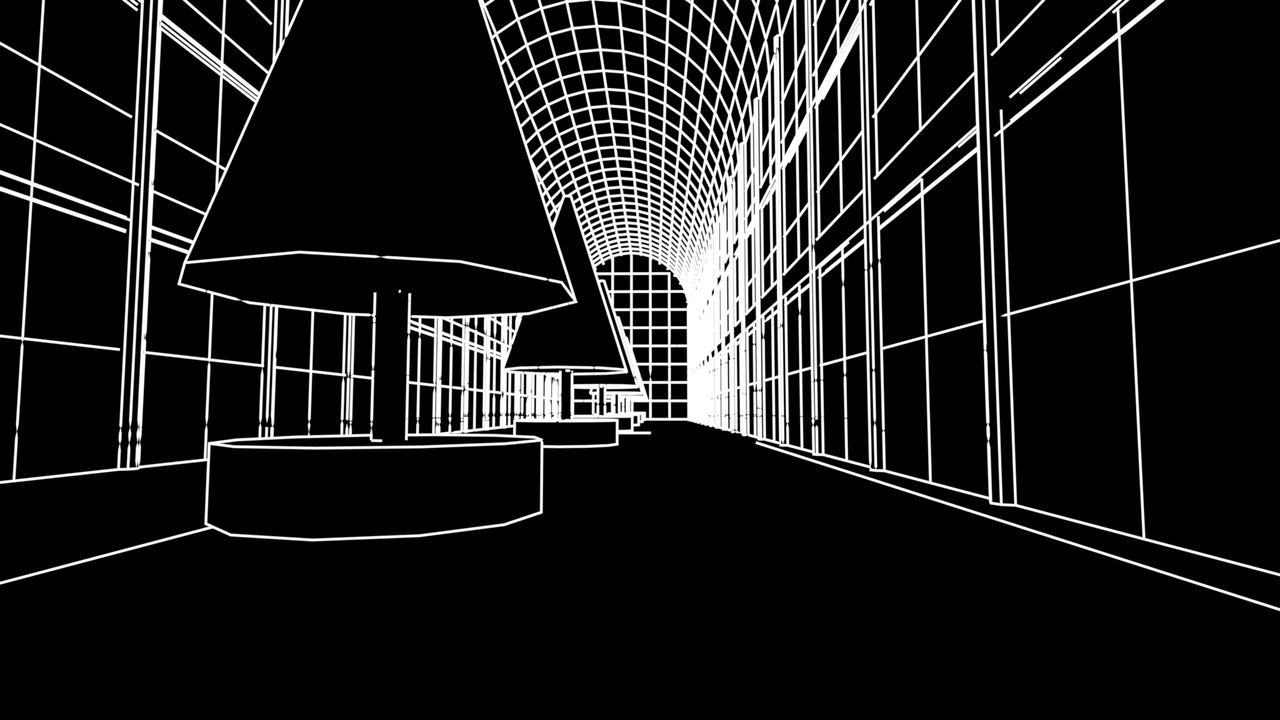 White line drawing of the same view on black