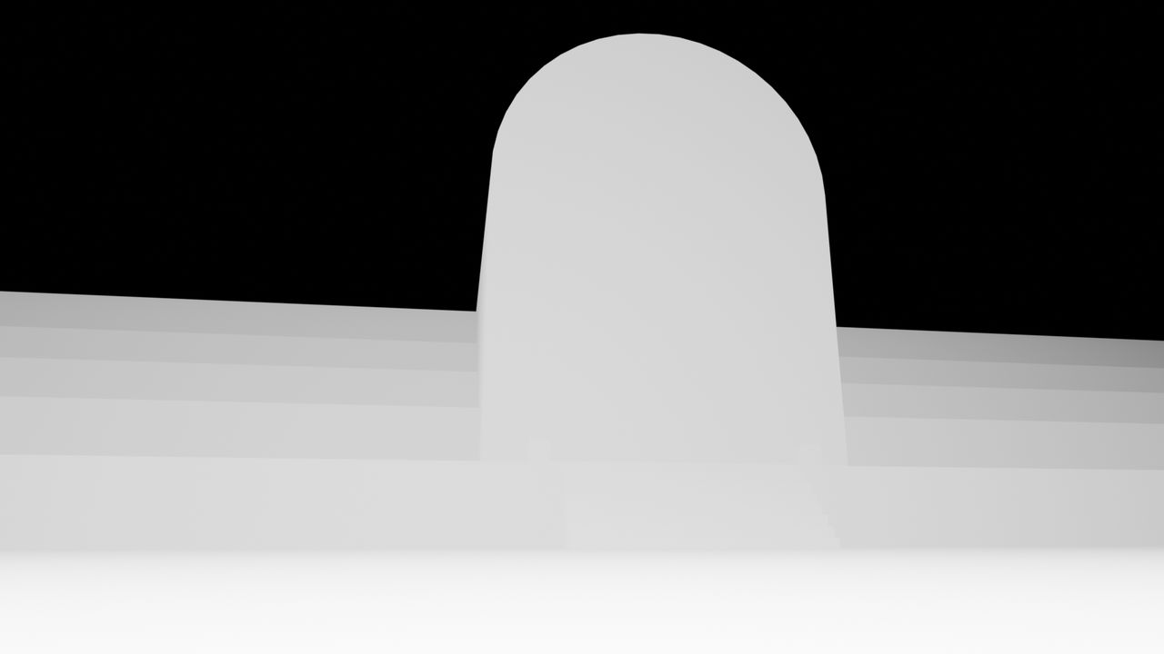 Depth map of the same view, near surfaces bright and far surfaces dark