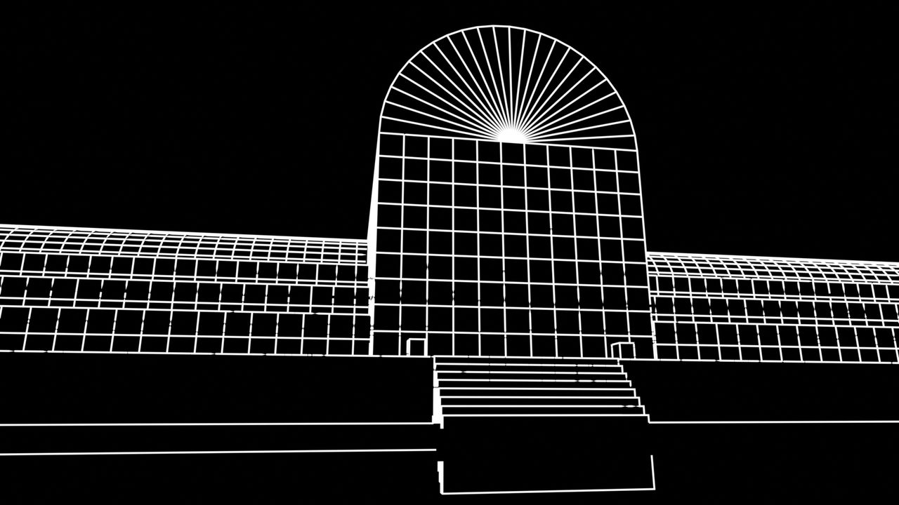 White line drawing of the same view on black