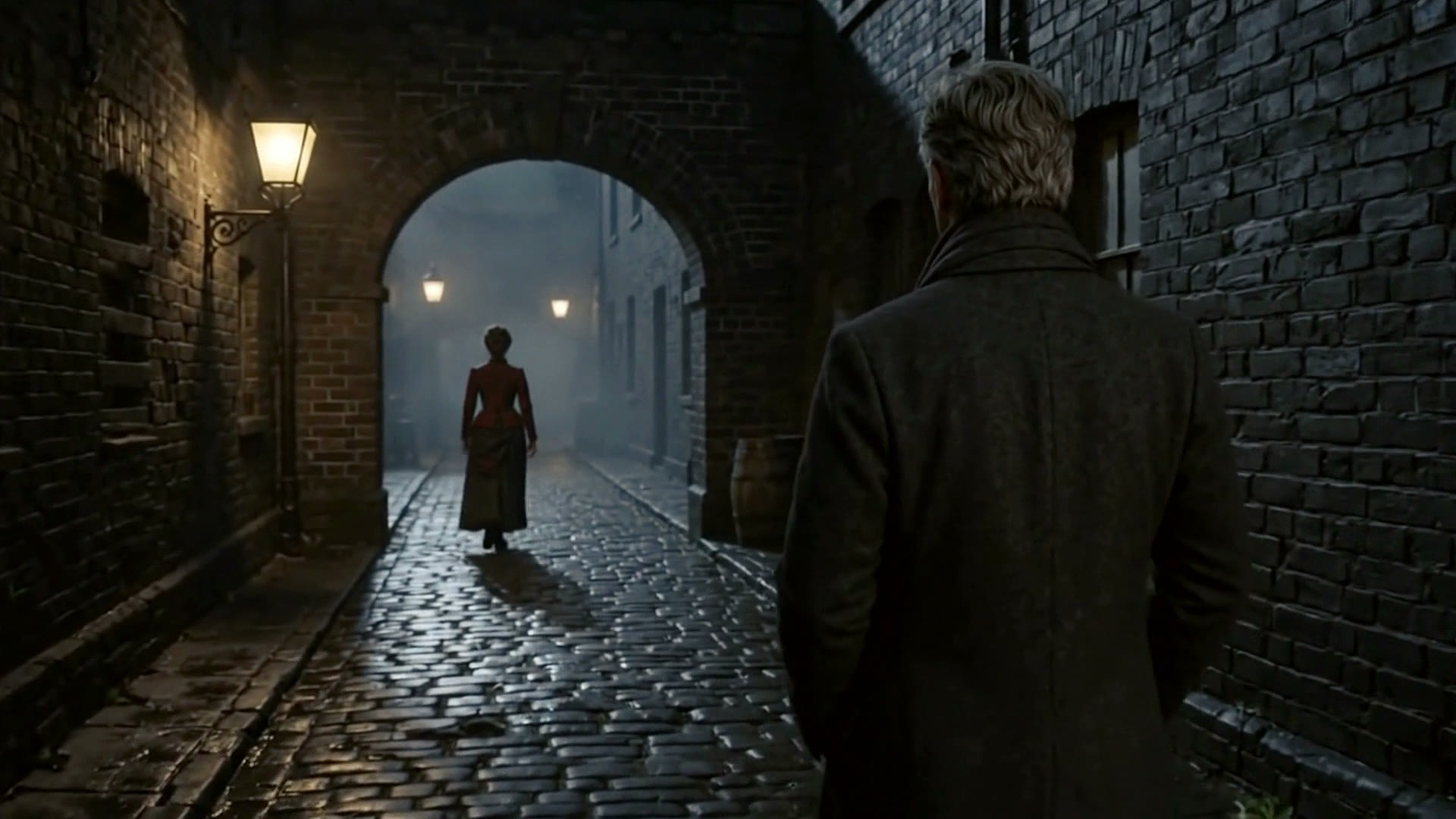 A man in a dark coat watches a woman walk down a gaslit Victorian lane