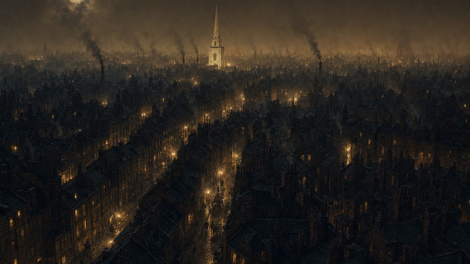 Keyframe 1: a high wide of smoking Victorian rooftops at night, a church spire in the fog