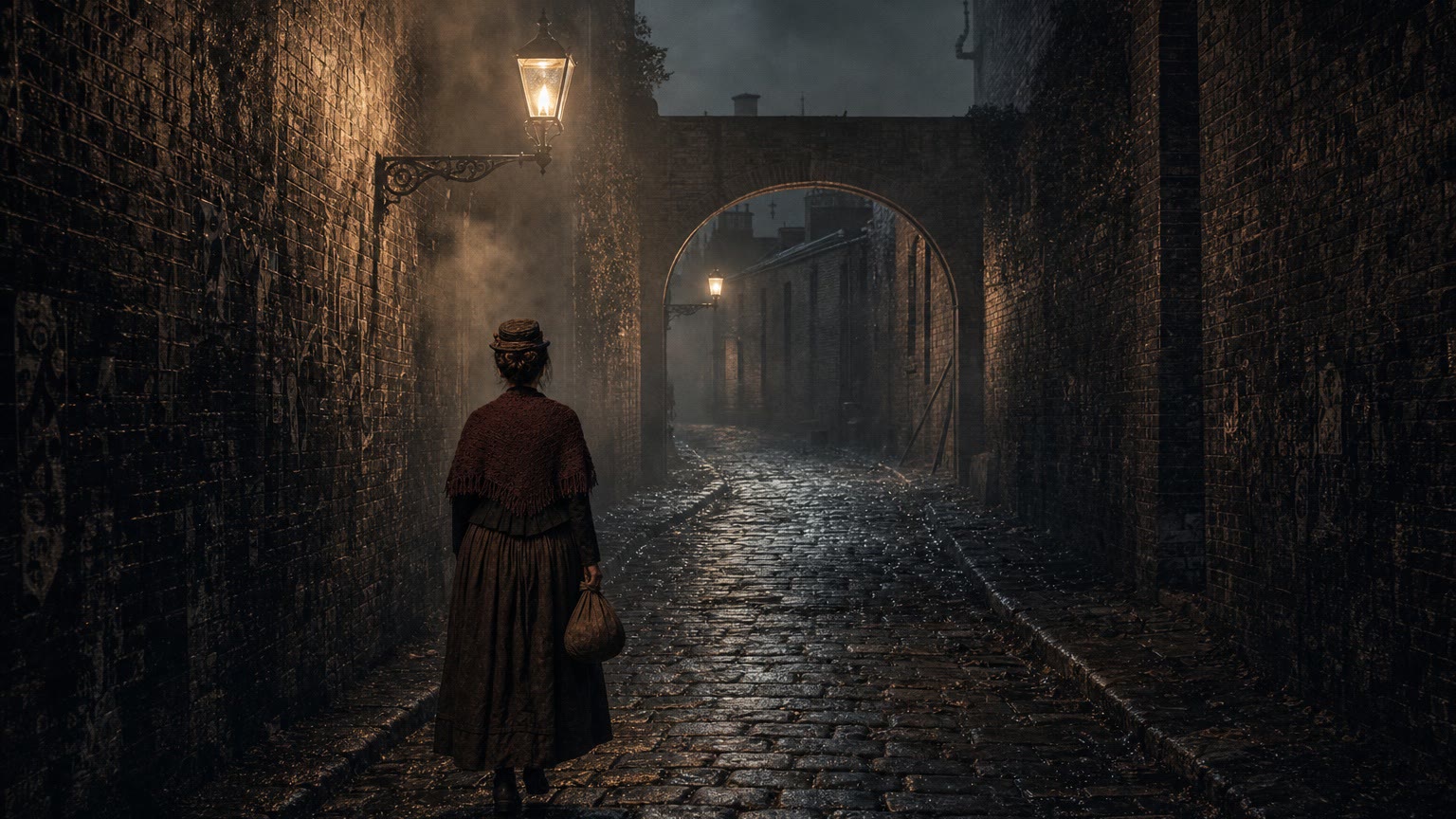 Keyframe 2: a woman walks away down a gaslit lane towards a brick arch