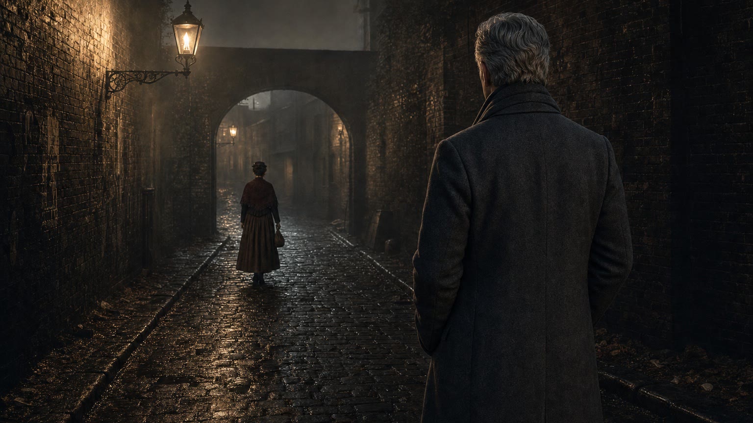 Keyframe 3: a man in a dark coat watches from the corner of the lane as the woman walks on