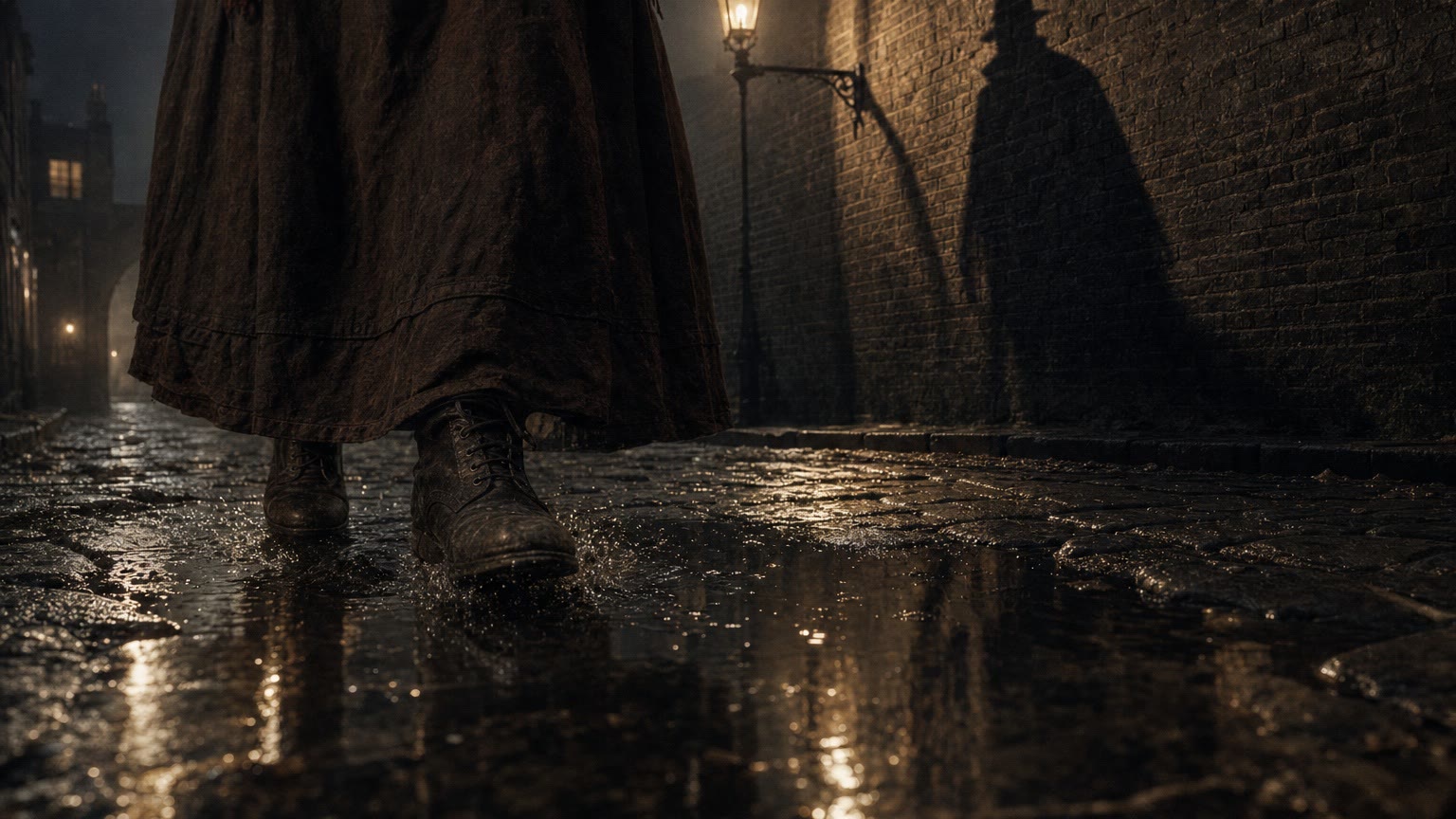Keyframe 4: low on wet cobbles, her boots pass and a second shadow falls on the wall