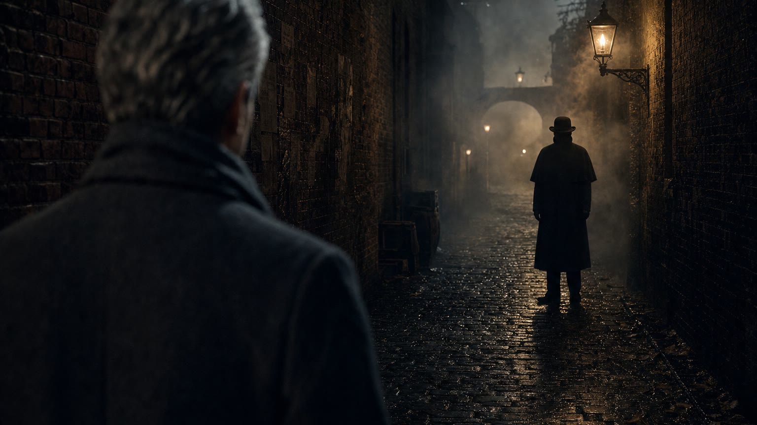 Keyframe 5: over the man's shoulder, a figure in a bowler hat stands in the fog