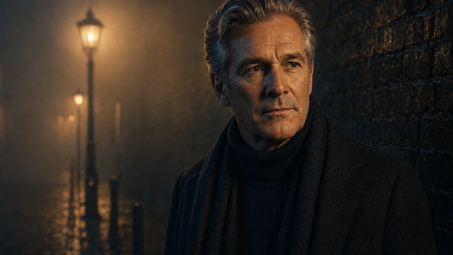Keyframe 6: close-up of the man under a gas lamp, lit warm on one side