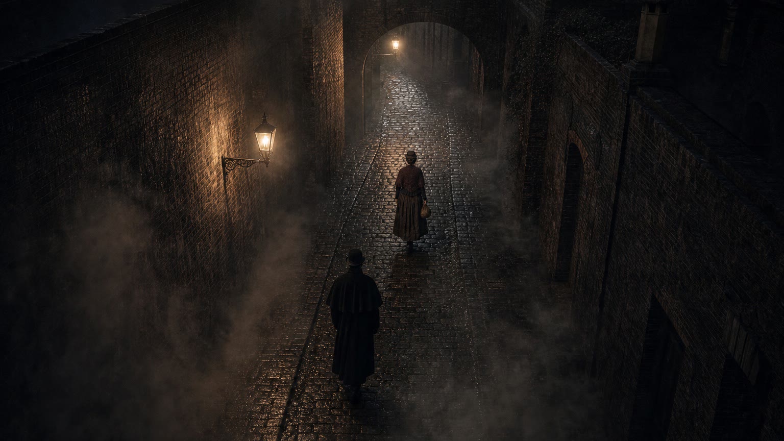 Keyframe 7: looking down on the lane as the fog closes over two small figures