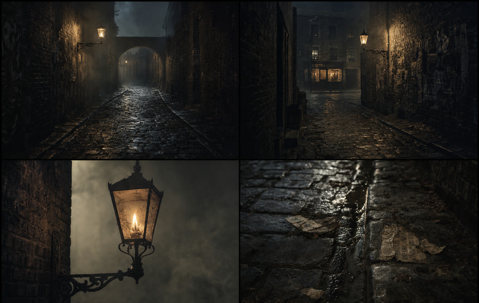 Location sheet: a narrow cobbled lane at night, with details of a gas lamp and wet stones