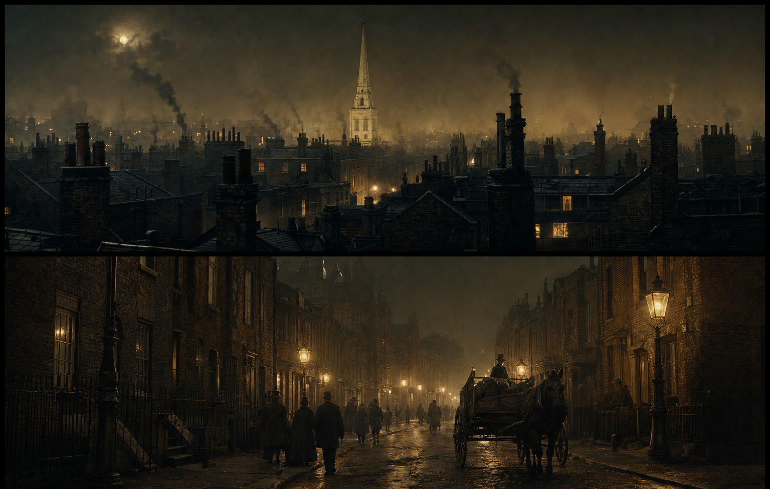 Location sheet: smoky Victorian rooftops at night with a church spire, and a lamplit street with a horse and cart