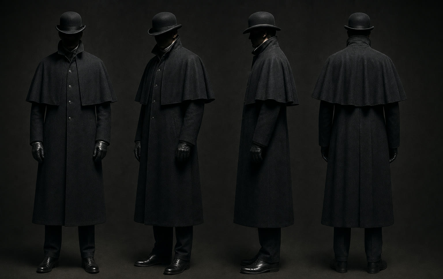 Character sheet: a figure in a dark caped coat and bowler hat, shown from four angles