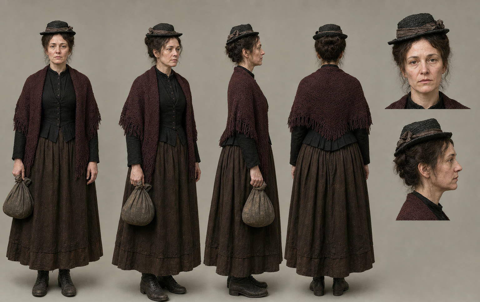 Character sheet: a Victorian woman in a burgundy shawl and brown skirt, shown from four angles with two head studies