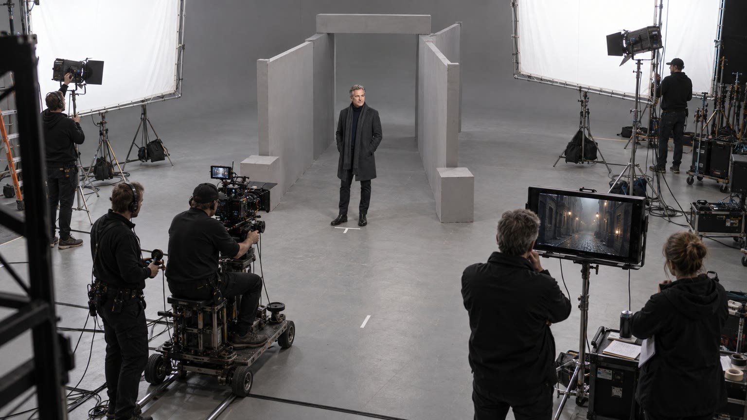 A grey studio with plain flats and an archway, a camera crew and lights around an actor in a long coat