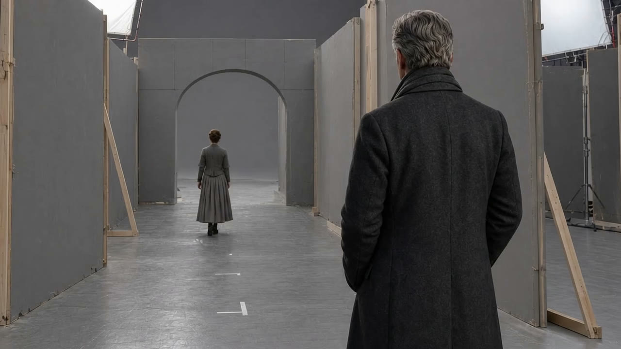 Frame one as shot: a man in a coat watches a woman walk through a grey archway on the studio floor