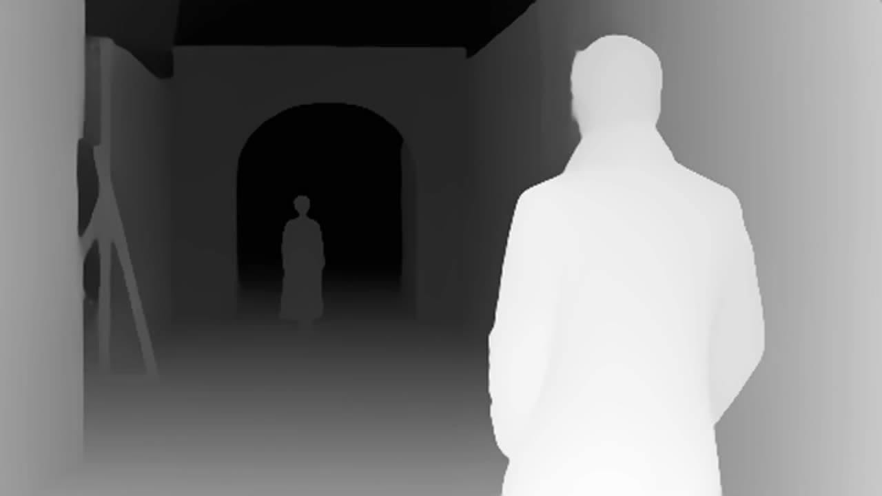 A greyscale depth map of the studio shot, near objects bright and far objects dark