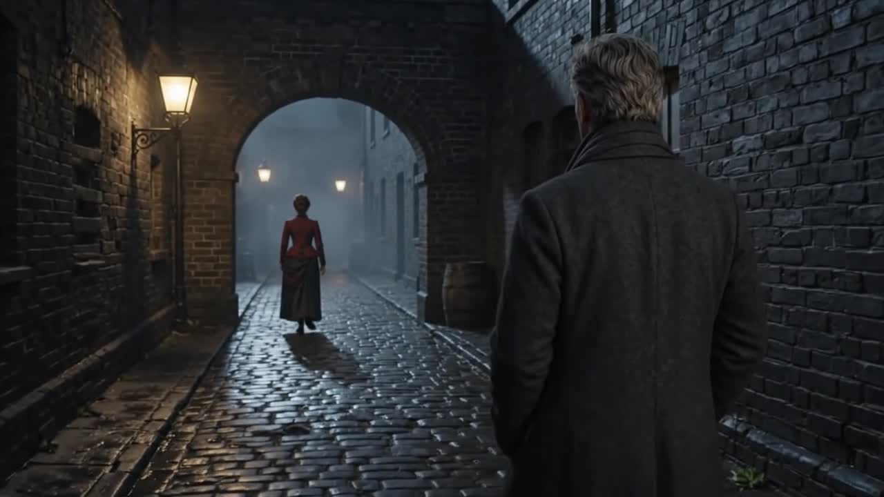 The same moment after the transform, now on a lamplit Victorian lane
