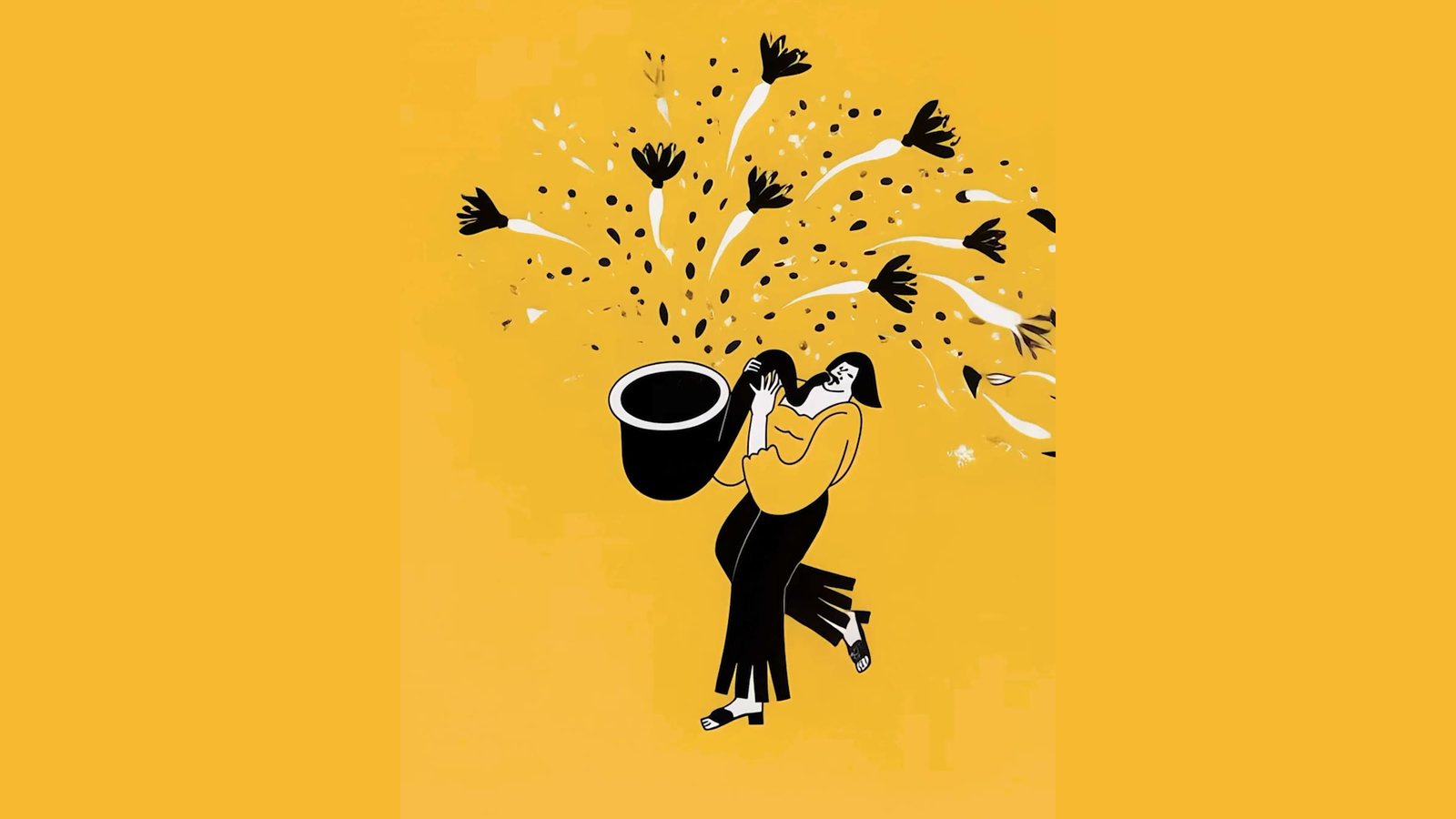 A hand-drawn figure on a yellow background carries a pot as flowers burst out of it