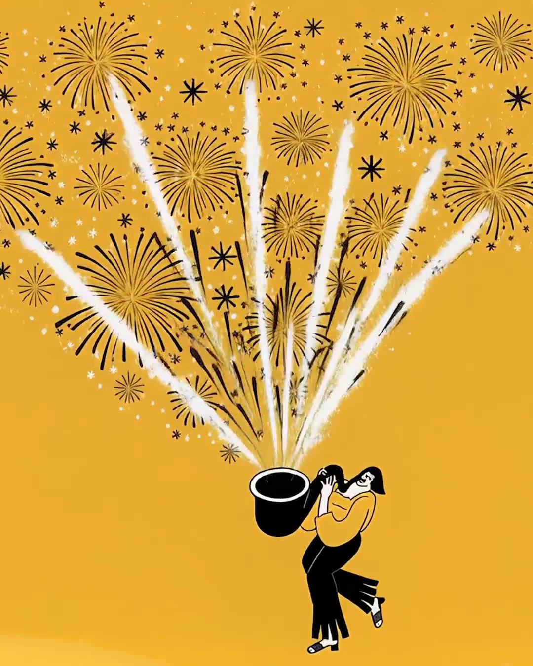 Fireworks fill the yellow sky above the figure