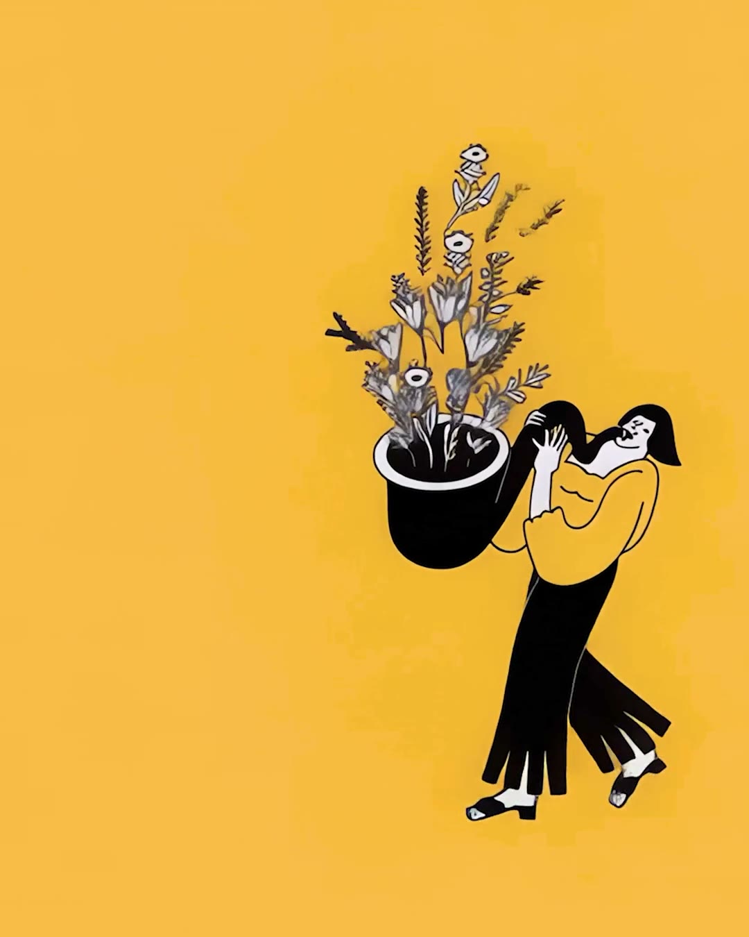 A hand-drawn figure on a yellow background carries a pot of flowers