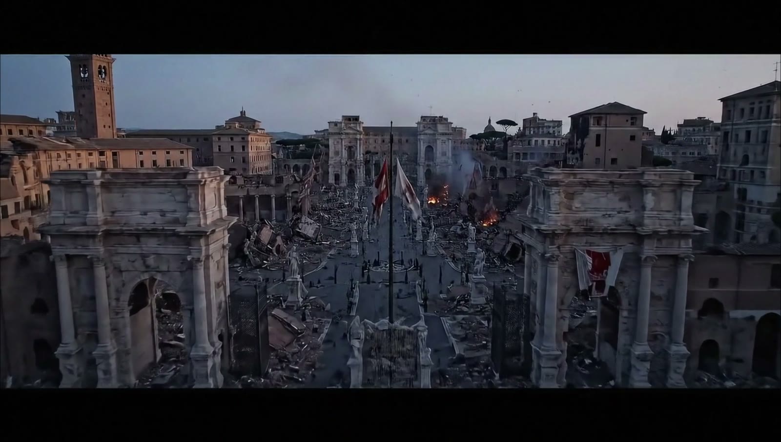 A ruined city square seen from above