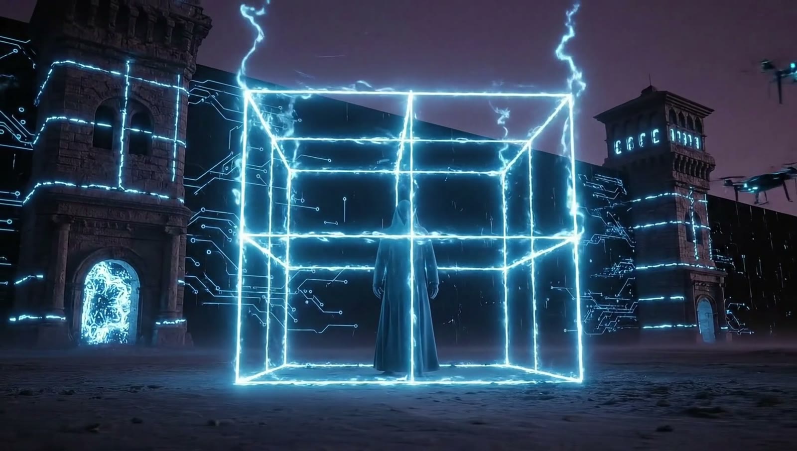 A hooded figure is held inside a cage of blue light