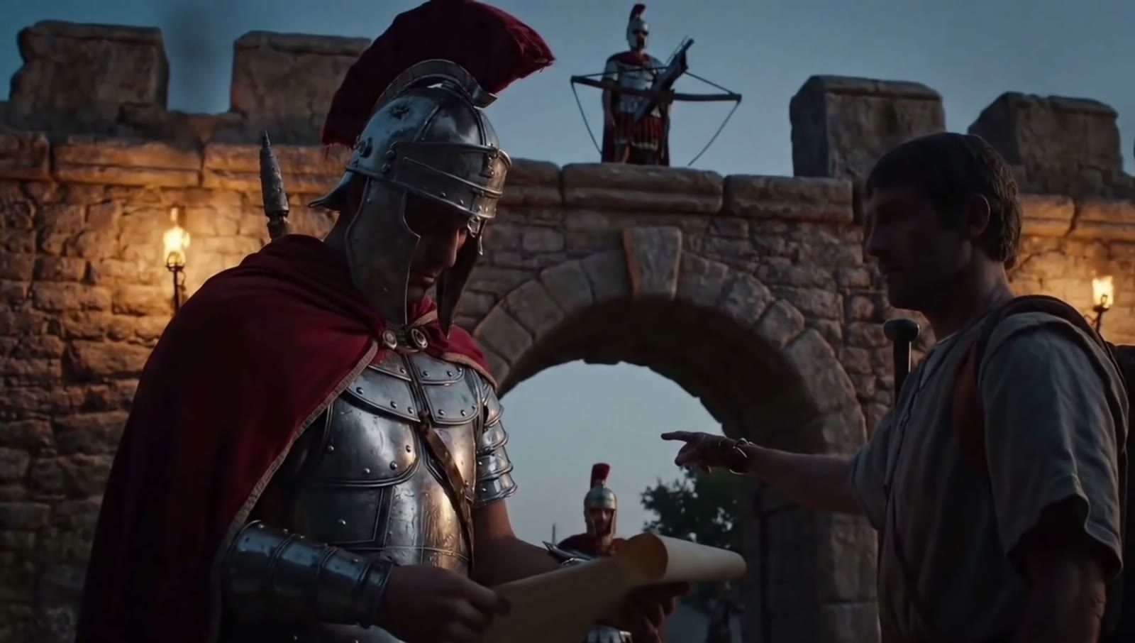 A Roman centurion checks a traveller’s scroll at the fortress gate