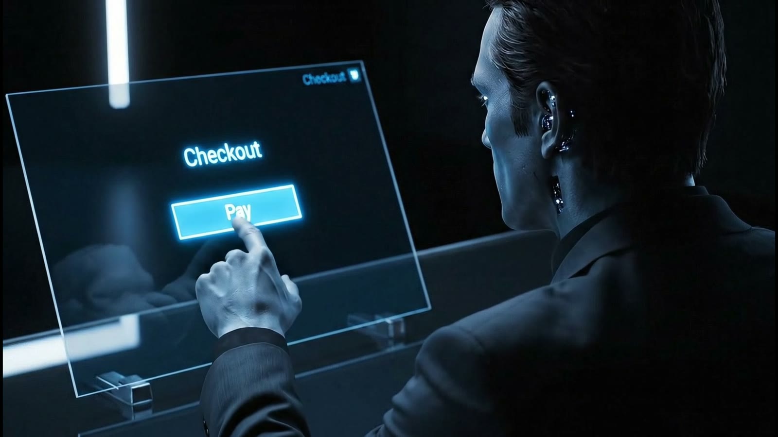 A woman presses Pay on a glowing checkout screen