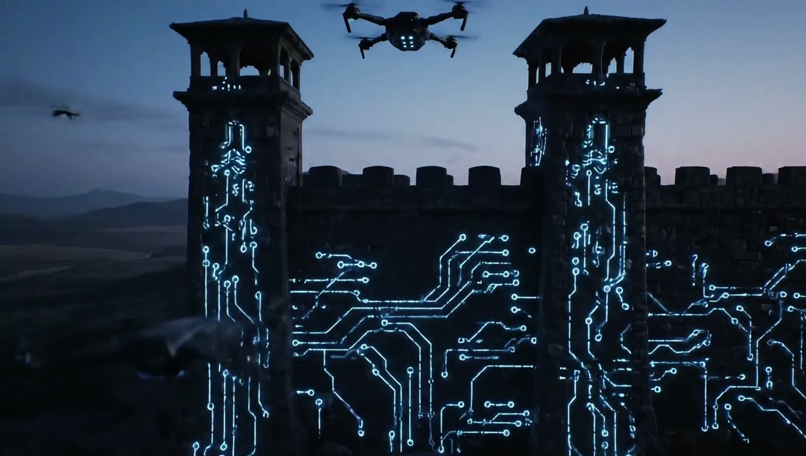 Fortress towers lit with circuit patterns while drones fly overhead