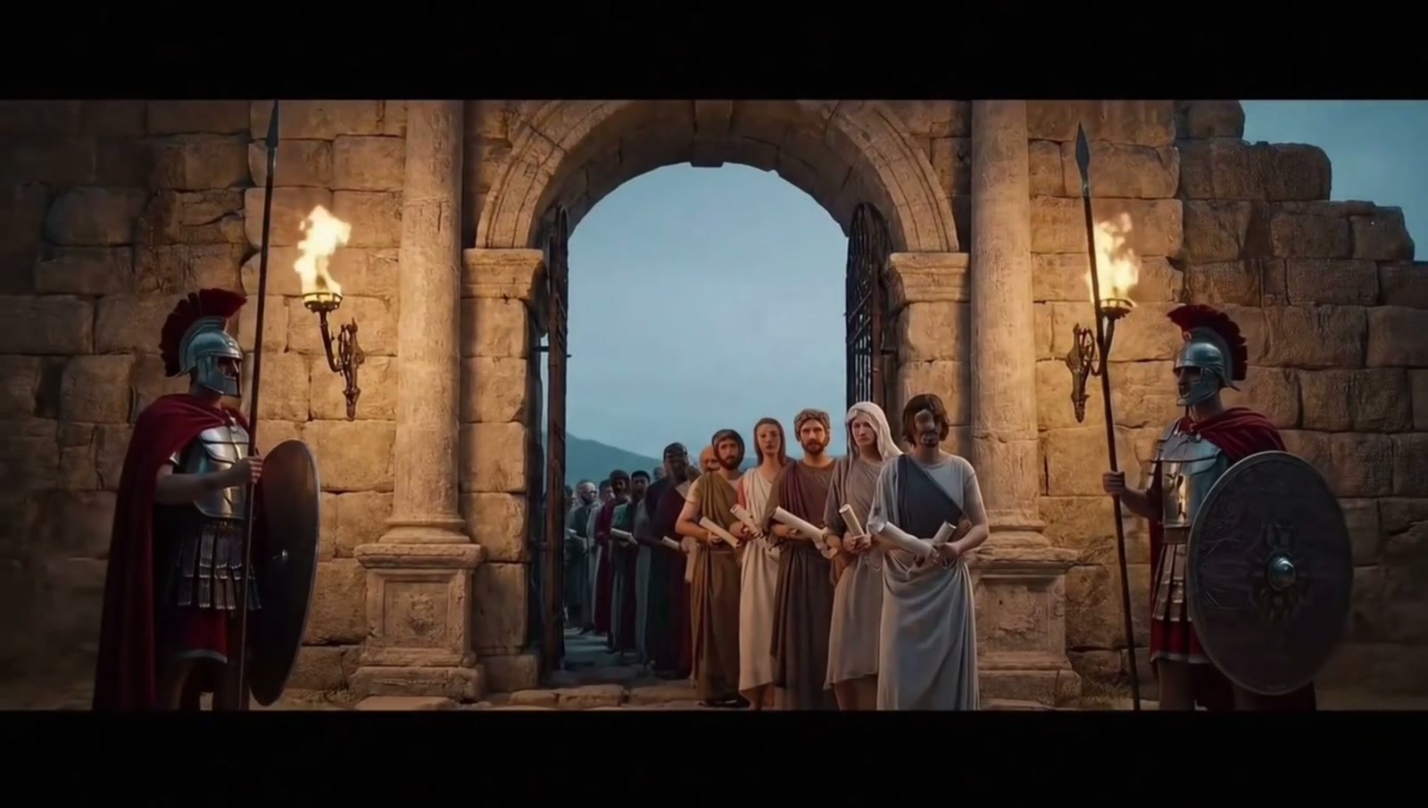 Travellers queue between two guards at a stone archway