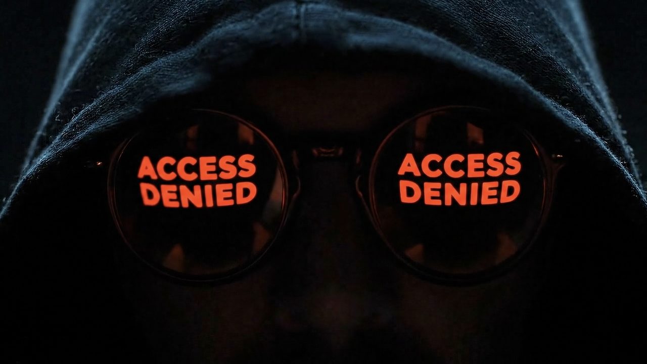 A hooded figure with Access Denied reflected in both lenses of their glasses
