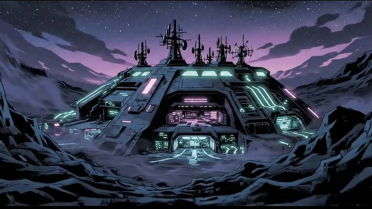 A comic-book drawing of a fortified base under a purple night sky
