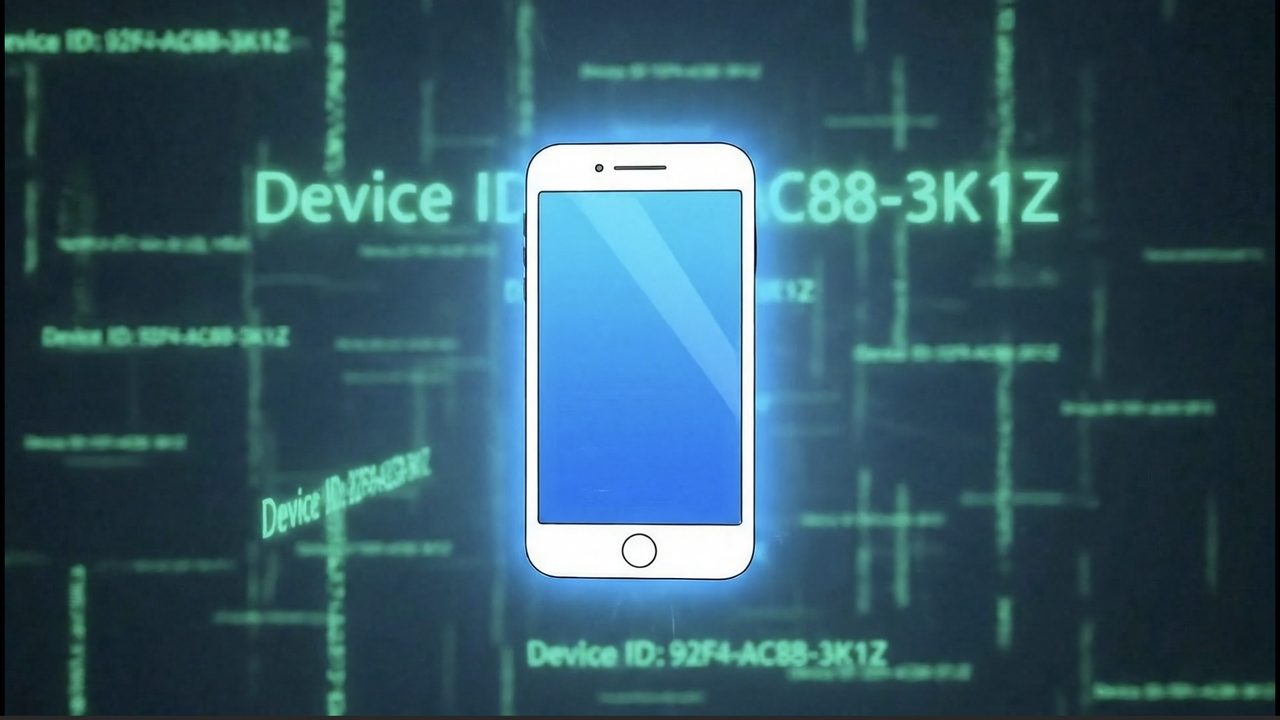 A glowing phone in front of streams of device ID codes