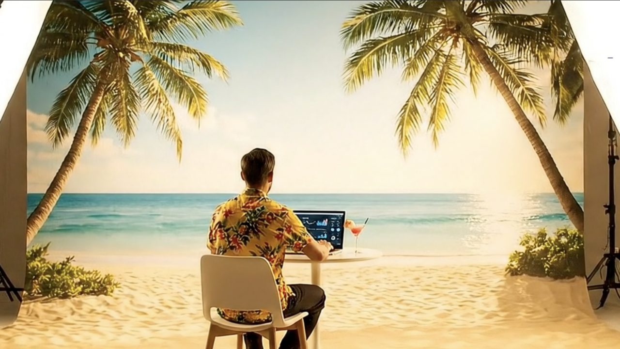 A man in a Hawaiian shirt works at a laptop on a beach that is a studio backdrop