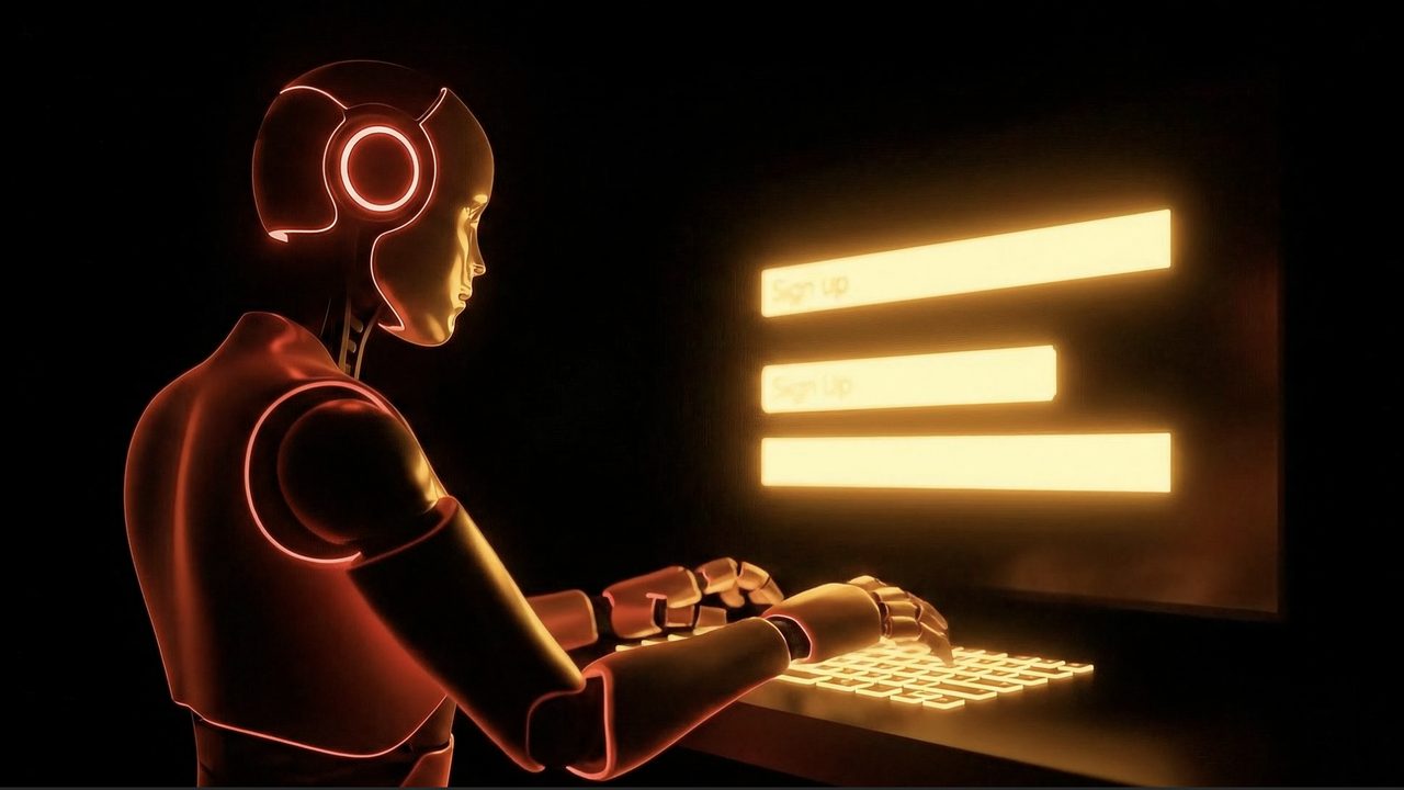 A glowing orange robot types into a sign-up form