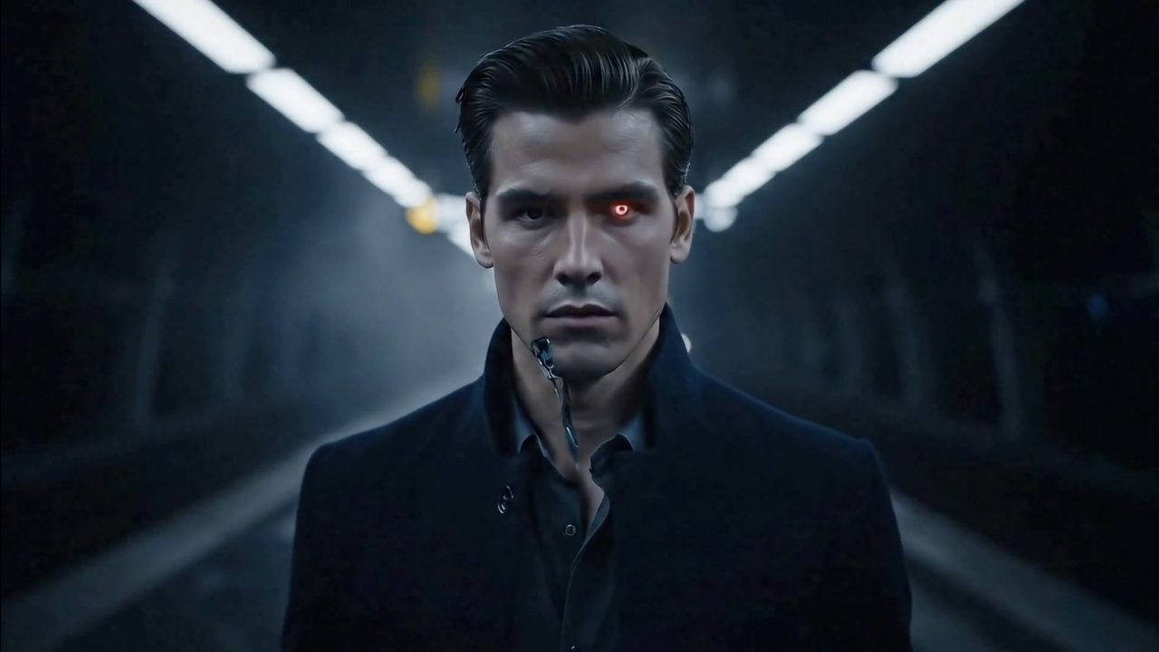 A man in a dark coat in a tunnel, one eye glowing red