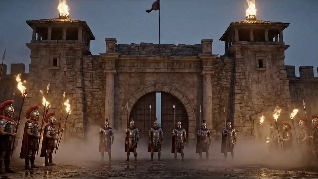 Roman soldiers with torches line up in front of a fortress gate