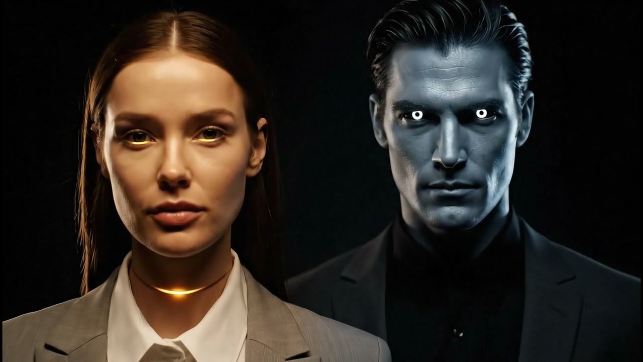 A woman and a pale man with glowing eyes stand side by side