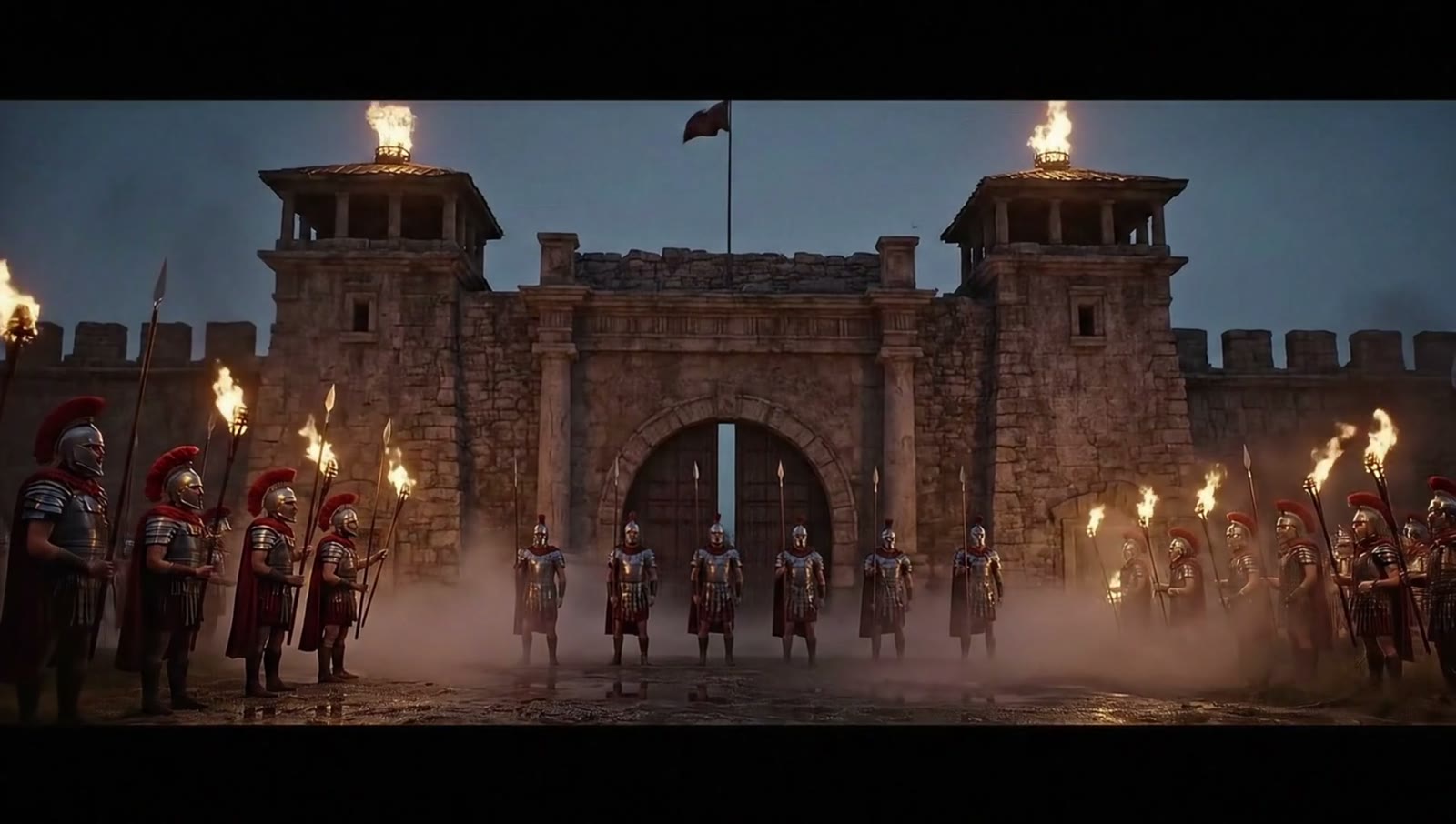 Soldiers with torches guard the fortress gate at dusk