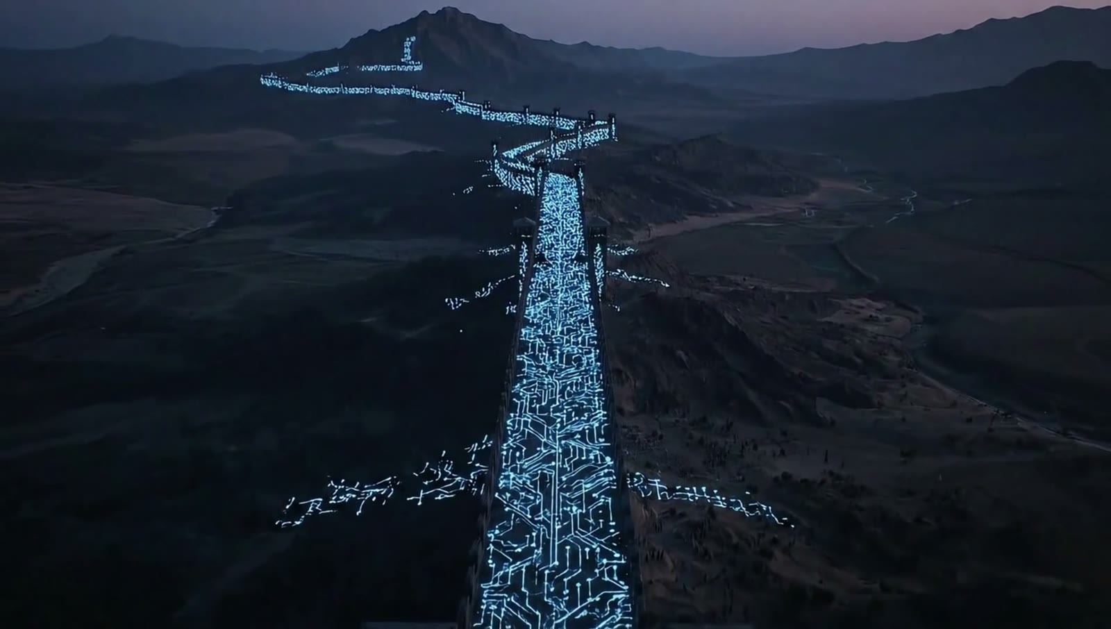 A wall of blue light runs across dark hills