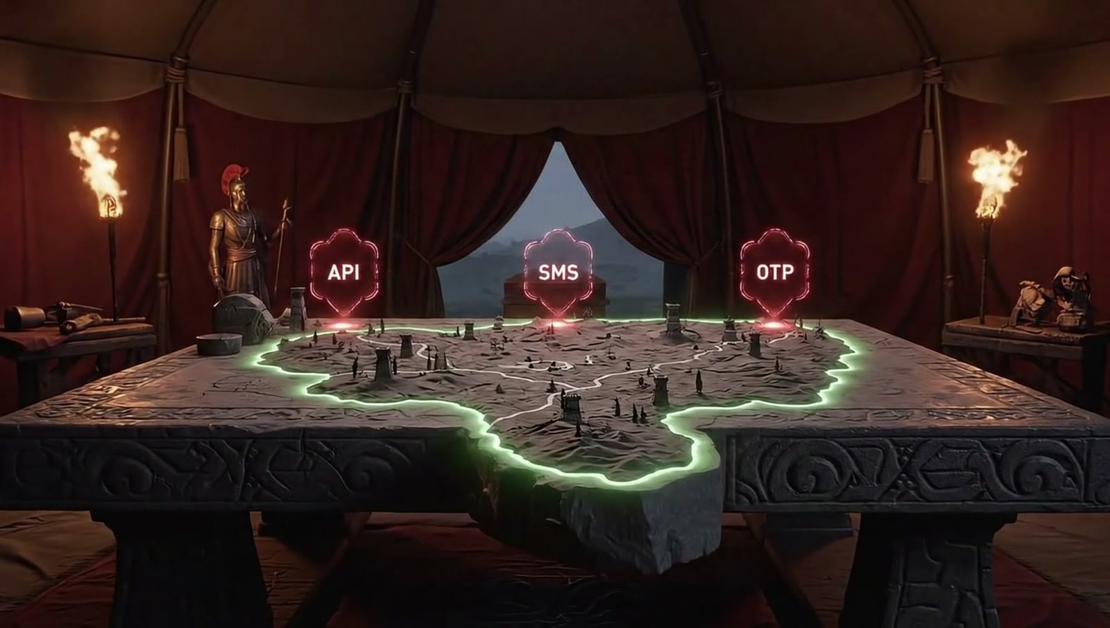A Roman war table with a glowing map, marked API, SMS and OTP