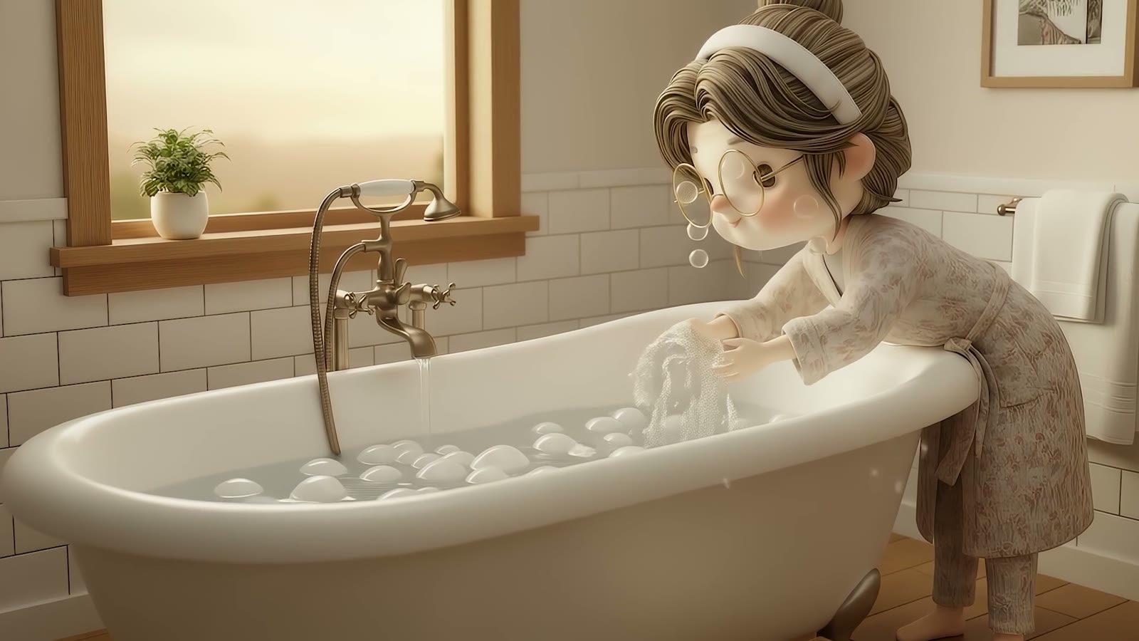 The woman runs a bath at home