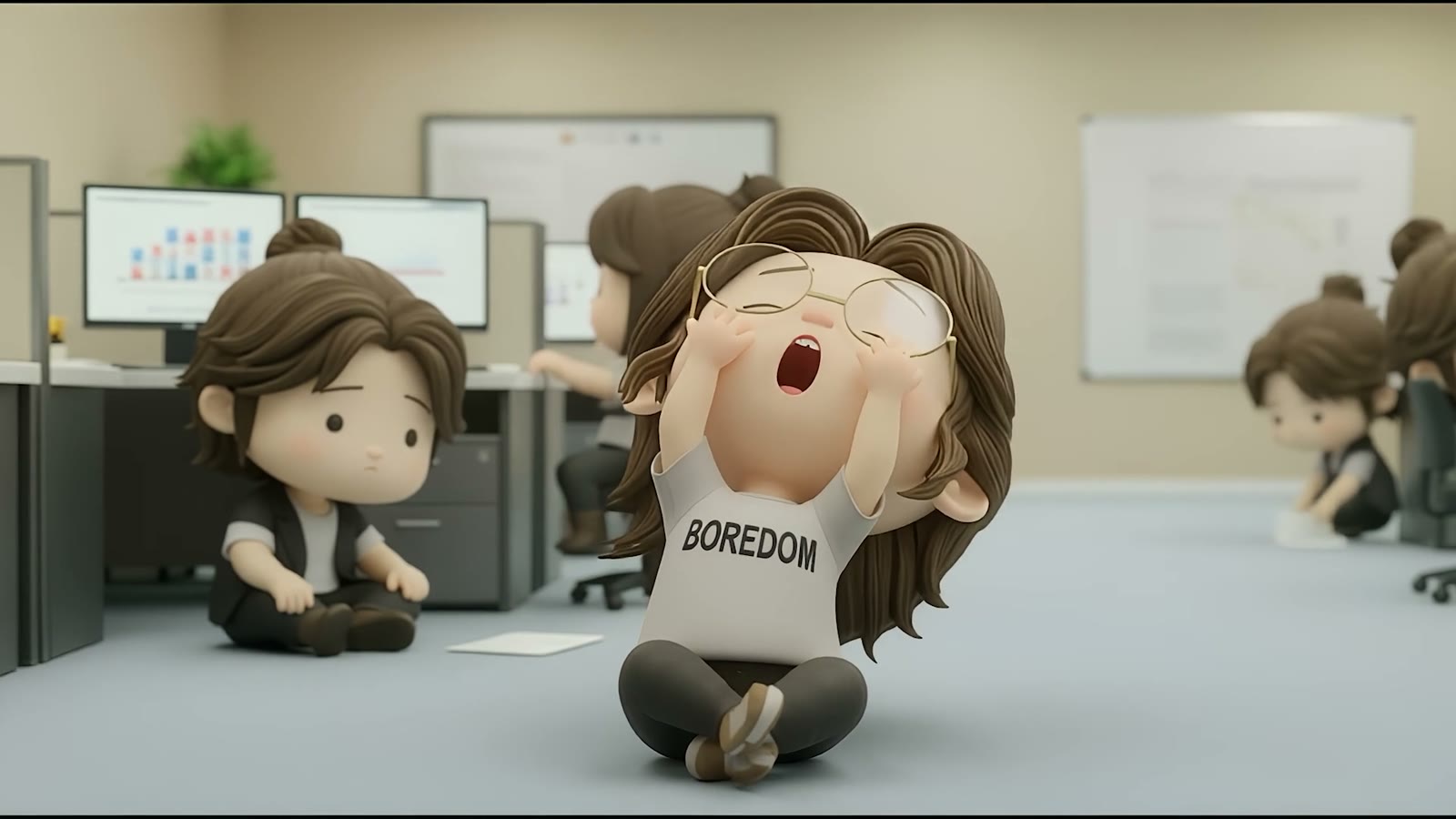 An animated character in a T-shirt that says Boredom yawns on an office floor